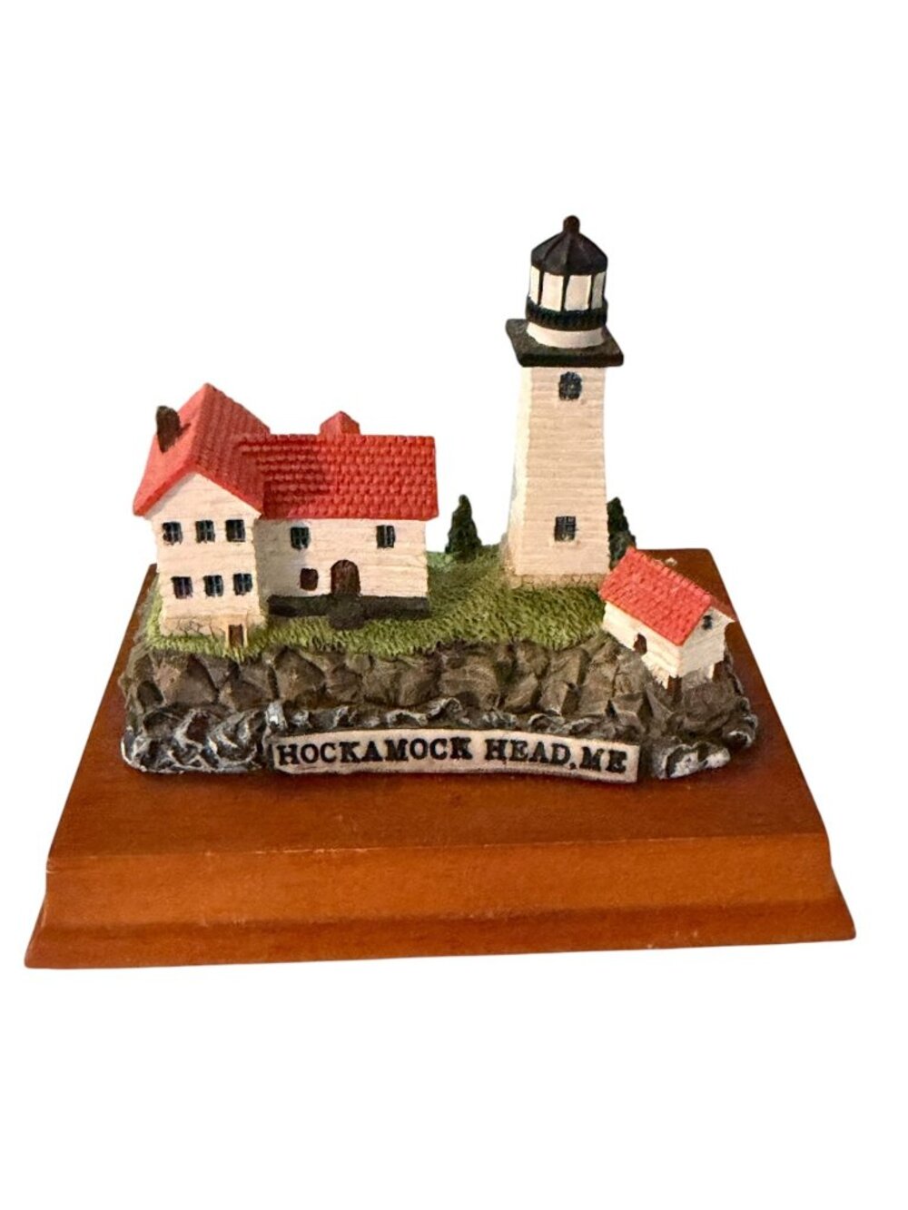 Vintage Hockamock Head Maine Lighthouse Miniature Figurine on Wood Base